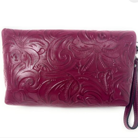 Patricia Nash Valerie Tooled Leather Fold-Over Wristlet- Magenta - Picture 2 of 8